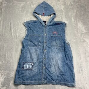 Bugle Boy Jean Vest Mens XL Blue Denim Distressed Sleeveless Button Front Hooded